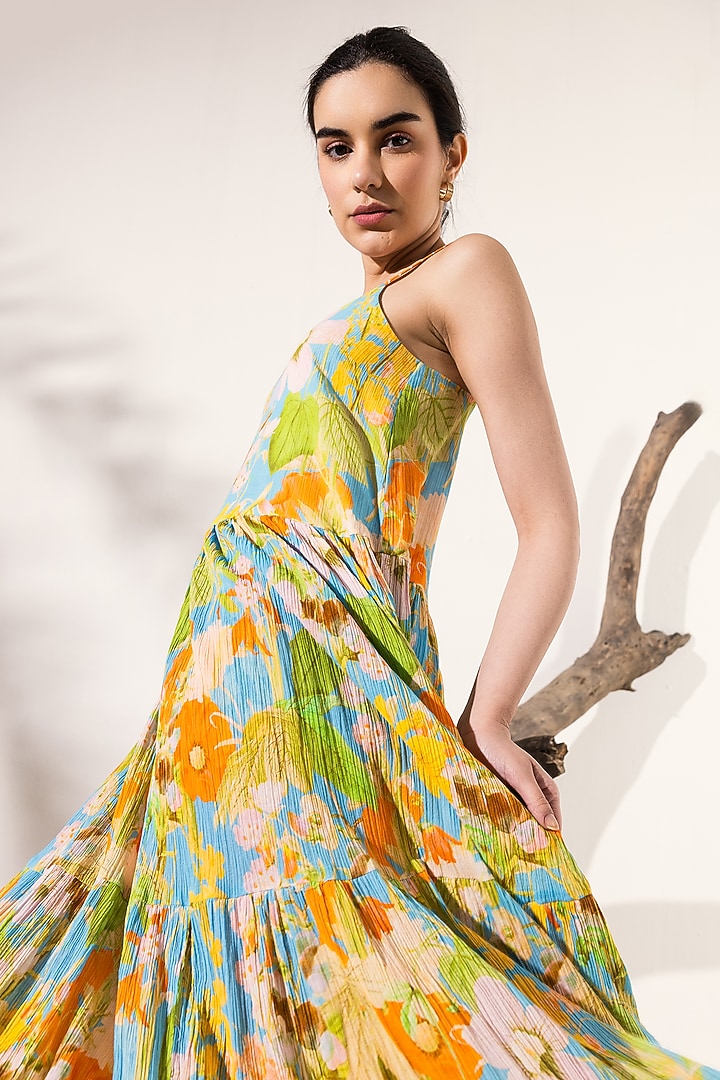 Sky Blue & Orange Cotton Crepe Floral Printed Tiered Maxi Summer Dress by Reena Sharma at Pernia's Pop Up Shop