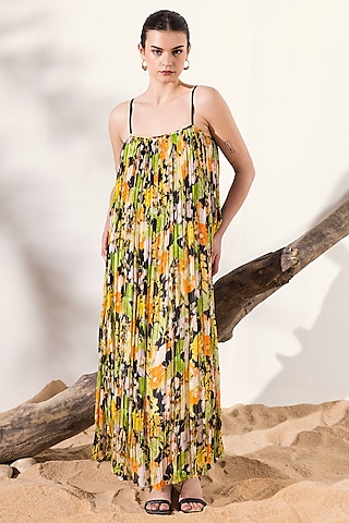 Black & Orange Viscose Crinkled Chiffon Floral Printed Maxi Dress by Reena Sharma