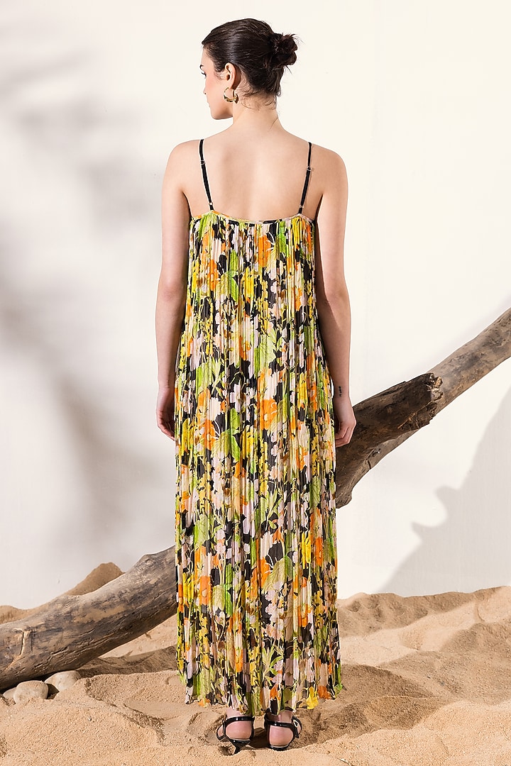 Black & Orange Viscose Crinkled Chiffon Floral Printed Maxi Summer Dress by Reena Sharma at Pernia's Pop Up Shop