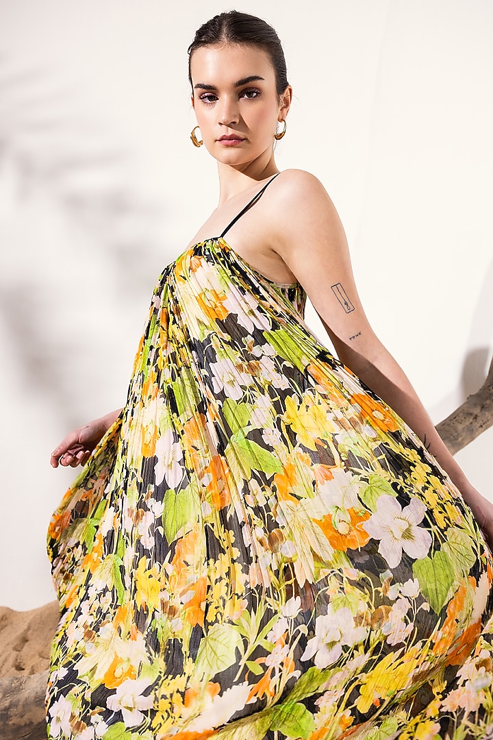 Black & Orange Viscose Crinkled Chiffon Floral Printed Maxi Summer Dress by Reena Sharma at Pernia's Pop Up Shop