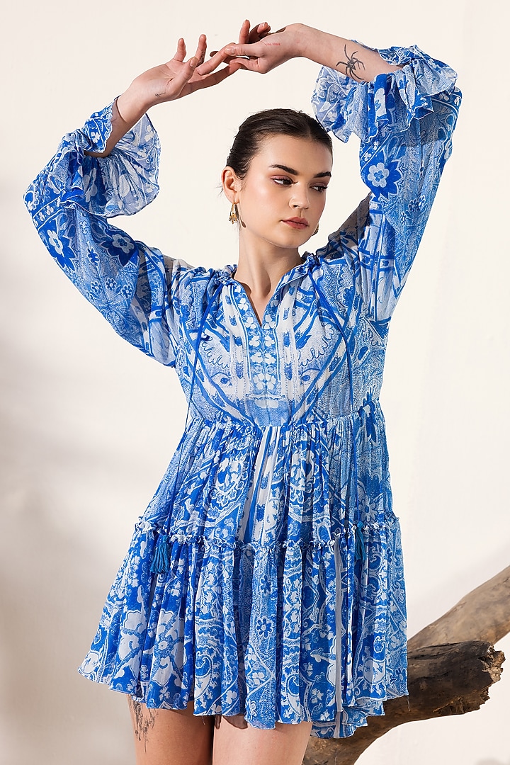 Blue Viscose Georgette Monochrome Ethnic Printed Tiered Mini Summer Dress by Reena Sharma at Pernia's Pop Up Shop