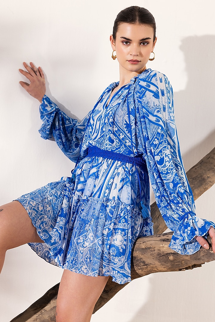 Blue Viscose Georgette Monochrome Ethnic Printed Co-Ord Set by Reena Sharma at Pernia's Pop Up Shop