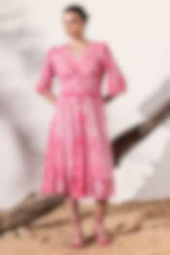 Pink Viscose Georgette Monochrome Ethnic Printed Midi Dress by Reena Sharma