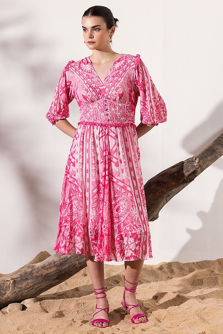 Pink Viscose Georgette Monochrome Ethnic Printed Midi Dress by Reena Sharma