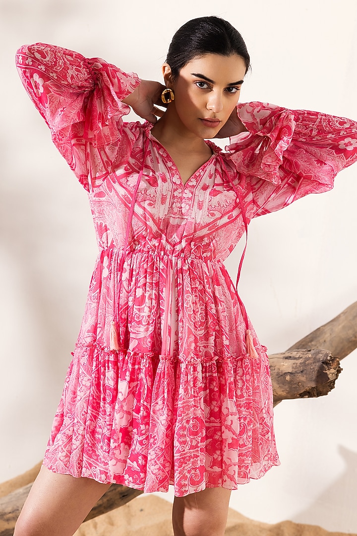 Pink Viscose Georgette Monochrome Ethnic Printed Mini Boho Summer Dress by Reena Sharma at Pernia's Pop Up Shop