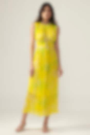 Yellow Viscose Crinkled Chiffon Botanical Printed Ruched Summer Dress by Reena Sharma at Pernia's Pop Up Shop