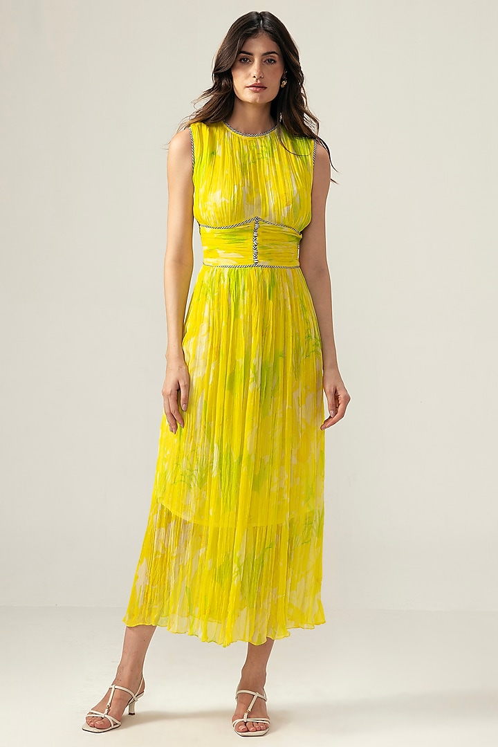 Yellow Viscose Crinkled Chiffon Botanical Printed Ruched Summer Dress by Reena Sharma at Pernia's Pop Up Shop