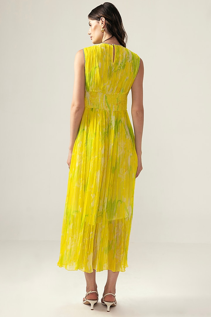 Yellow Viscose Crinkled Chiffon Botanical Printed Ruched Summer Dress by Reena Sharma at Pernia's Pop Up Shop