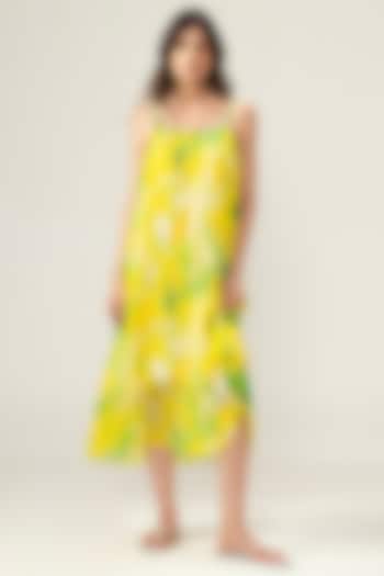 Yellow Viscose Crinkled Chiffon Botanical Printed Midi Cami Summer Dress by Reena Sharma at Pernia's Pop Up Shop
