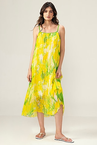 Yellow Viscose Crinkled Chiffon Botanical Printed Midi Cami Dress by Reena Sharma
