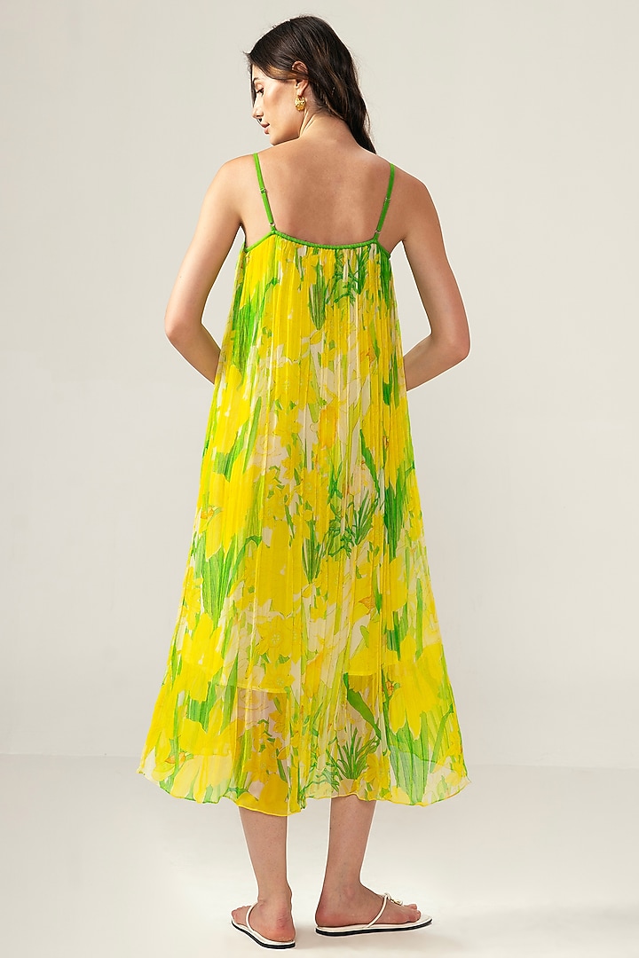 Yellow Viscose Crinkled Chiffon Botanical Printed Midi Cami Summer Dress by Reena Sharma at Pernia's Pop Up Shop