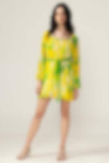 Yellow Viscose Crinkled Chiffon Botanical Printed Mini Summer Dress by Reena Sharma at Pernia's Pop Up Shop