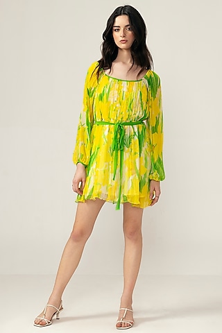 Yellow Viscose Crinkled Chiffon Botanical Printed Mini Dress by Reena Sharma