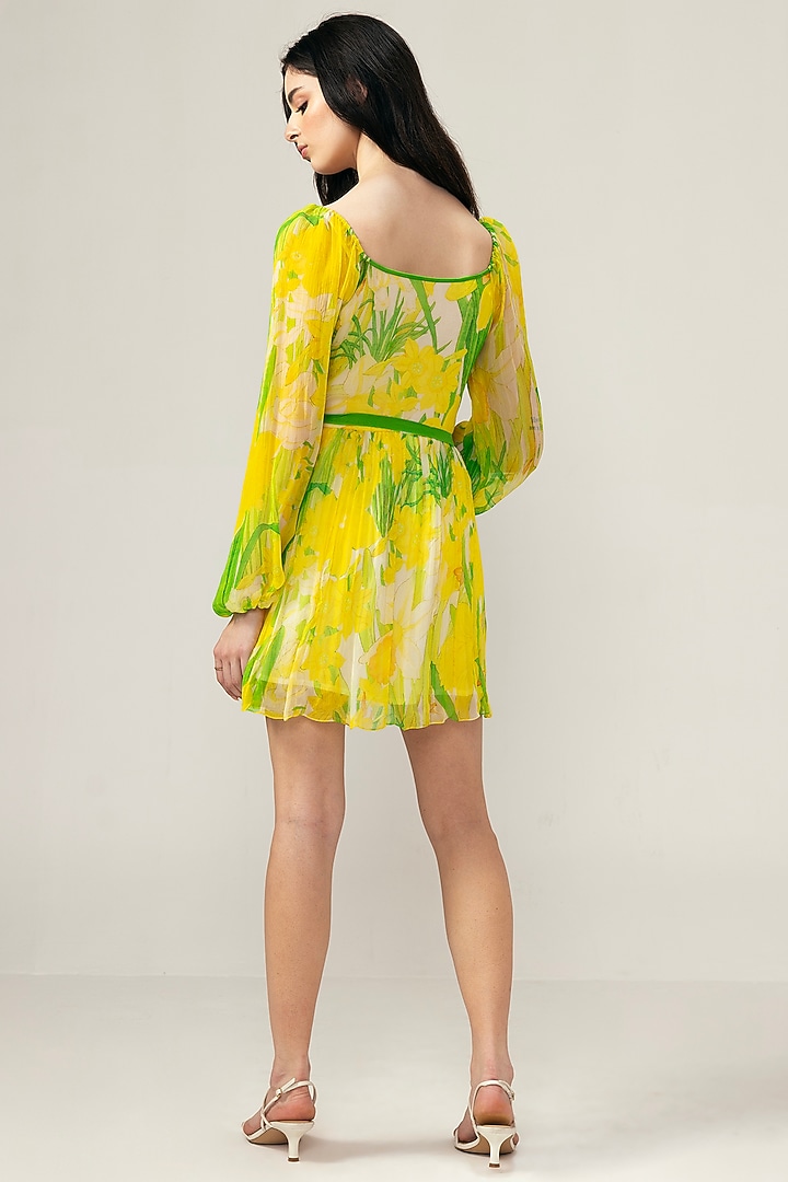 Yellow Viscose Crinkled Chiffon Botanical Printed Mini Summer Dress by Reena Sharma at Pernia's Pop Up Shop