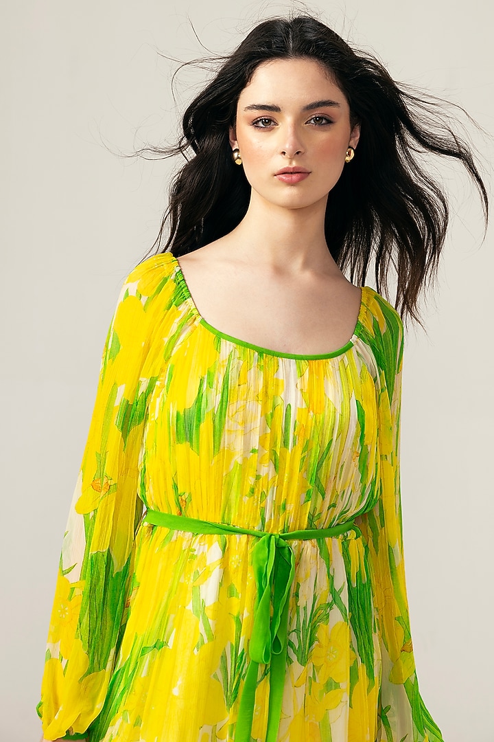 Yellow Viscose Crinkled Chiffon Botanical Printed Mini Summer Dress by Reena Sharma at Pernia's Pop Up Shop