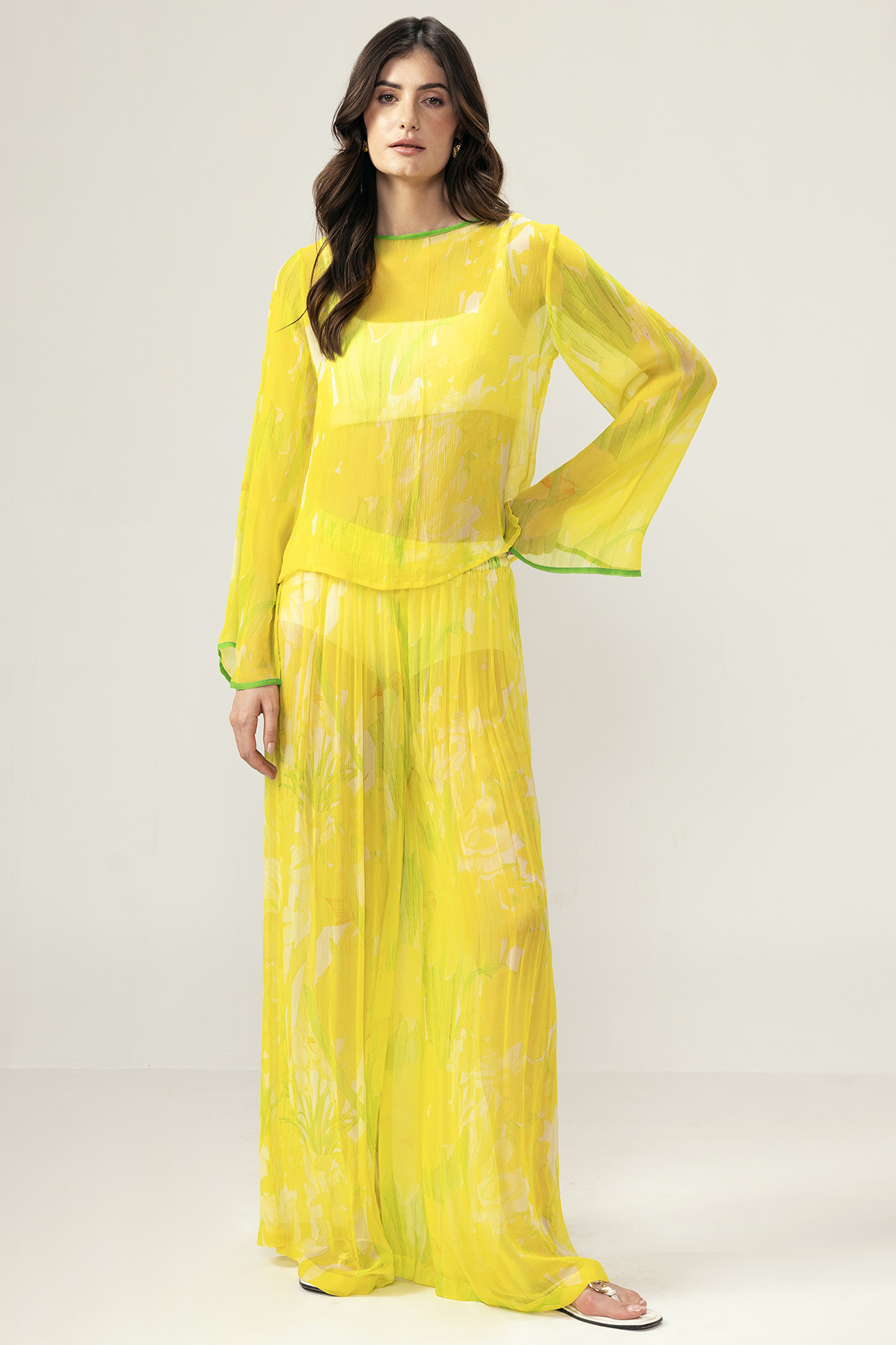 Yellow Viscose Crinkled Chiffon Botanical Printed Co-Ord Set by Reena Sharma at Pernia's Pop Up Shop
