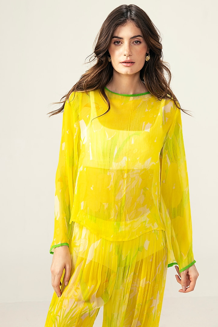 Yellow Viscose Crinkled Chiffon Botanical Printed Co-Ord Set by Reena Sharma at Pernia's Pop Up Shop