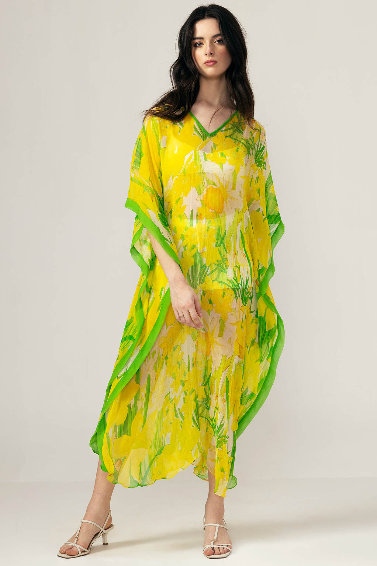 Yellow Viscose Crinkled Chiffon Botanical Printed Kaftan by Reena Sharma at Pernia's Pop Up Shop