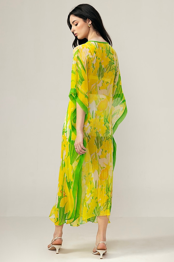 Yellow Viscose Crinkled Chiffon Botanical Printed Kaftan by Reena Sharma at Pernia's Pop Up Shop