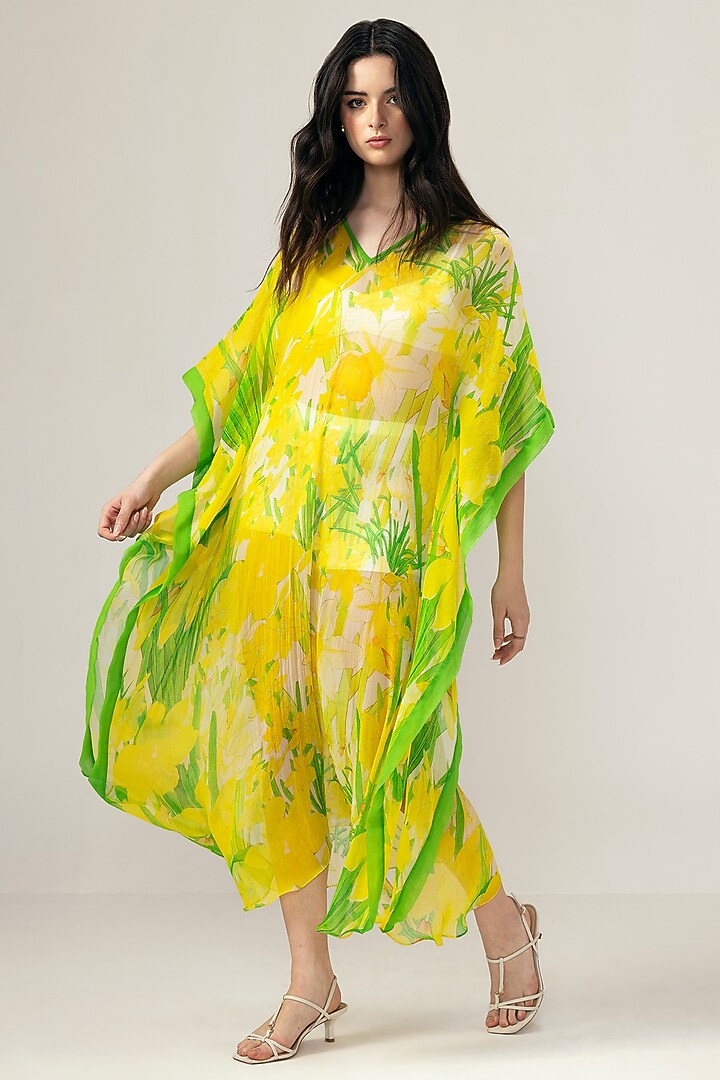 Yellow Viscose Crinkled Chiffon Botanical Printed Kaftan by Reena Sharma at Pernia's Pop Up Shop