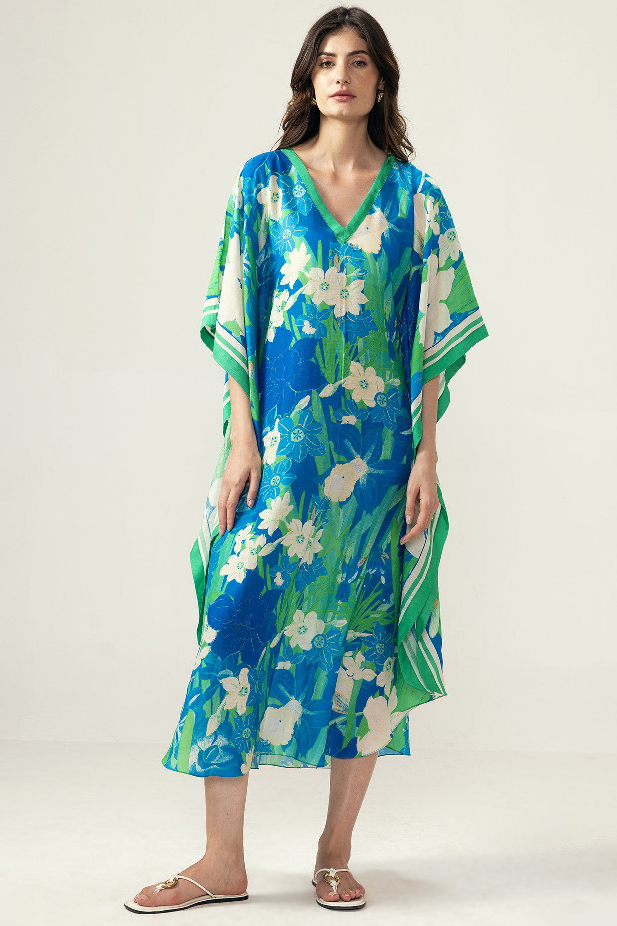 Blue Viscose Linen Botanical Printed V-Neck Kaftan by Reena Sharma at Pernia's Pop Up Shop