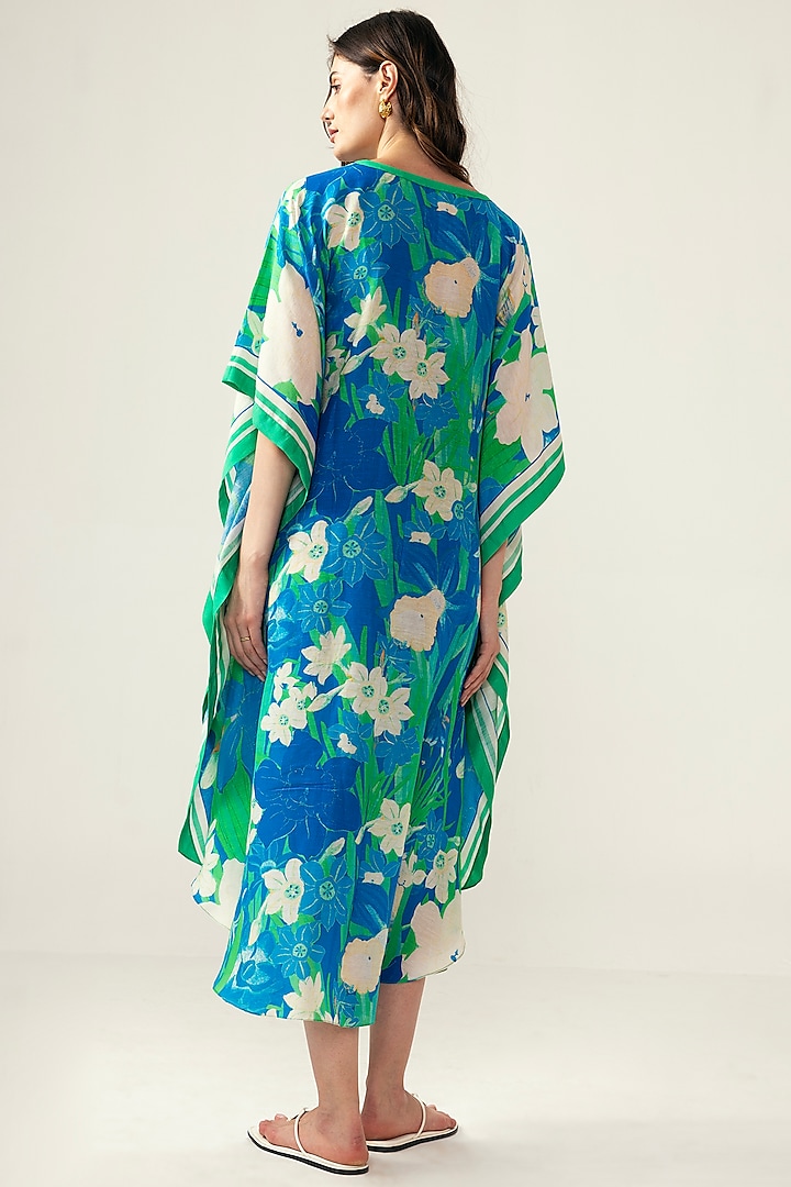 Blue Viscose Linen Botanical Printed V-Neck Kaftan by Reena Sharma at Pernia's Pop Up Shop