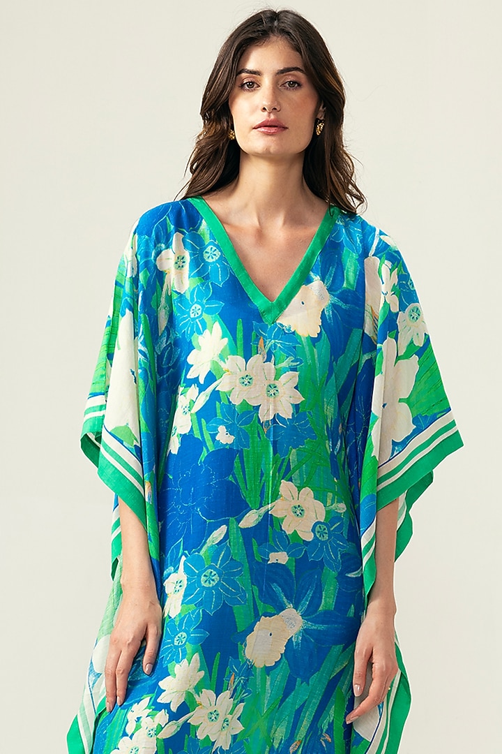 Blue Viscose Linen Botanical Printed V-Neck Kaftan by Reena Sharma at Pernia's Pop Up Shop
