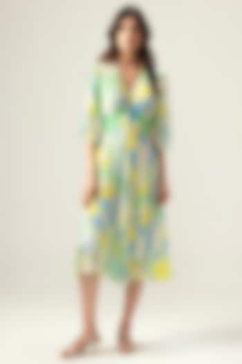 Light Blue Viscose Crinkled Chiffon Botanical Printed Midi Summer Dress by Reena Sharma at Pernia's Pop Up Shop