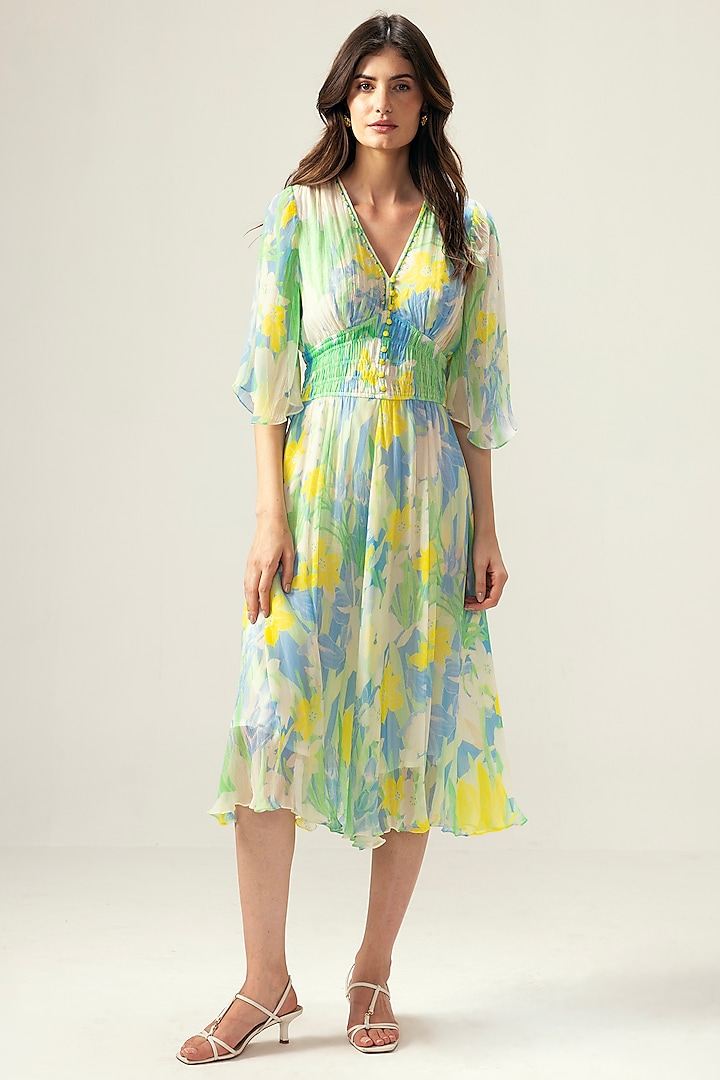 Light Blue Viscose Crinkled Chiffon Botanical Printed Midi Summer Dress by Reena Sharma at Pernia's Pop Up Shop