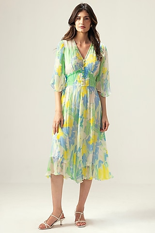 Light Blue Viscose Crinkled Chiffon Botanical Printed Midi Dress by Reena Sharma
