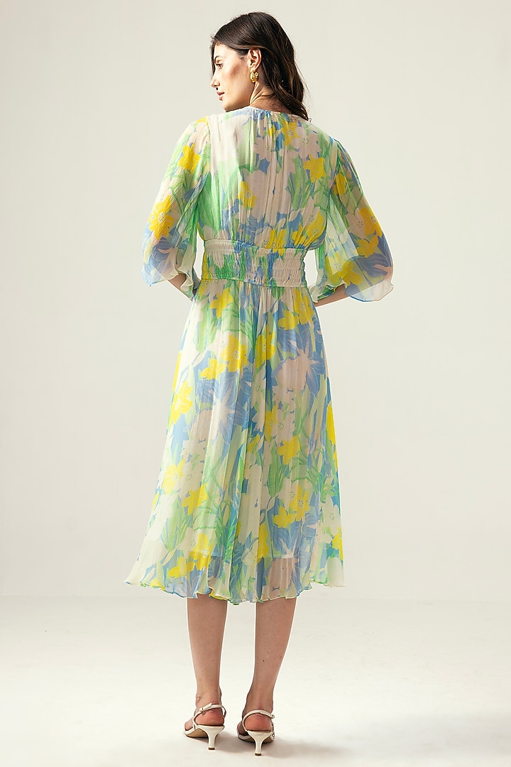 Light Blue Viscose Crinkled Chiffon Botanical Printed Midi Summer Dress by Reena Sharma at Pernia's Pop Up Shop