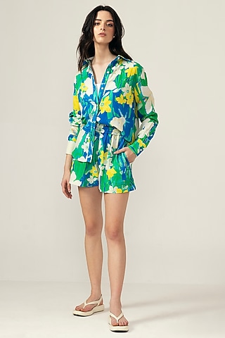 Multi-Colored Double Cotton Botanical Printed Co-Ord Set by Reena Sharma