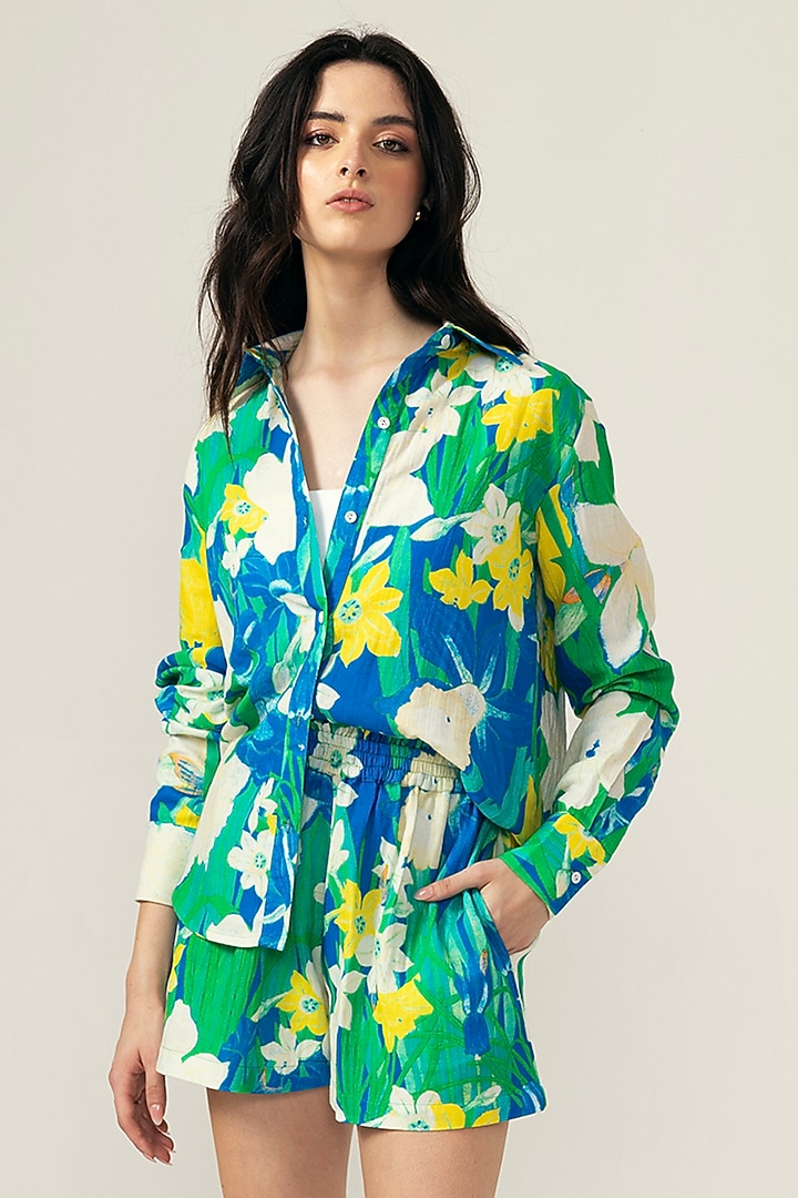 Multi-Colored Double Cotton Botanical Printed Co-Ord Set by Reena Sharma at Pernia's Pop Up Shop