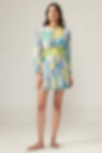 Light Blue Viscose Crinkled Chiffon Botanical Printed Mini Summer Dress by Reena Sharma at Pernia's Pop Up Shop
