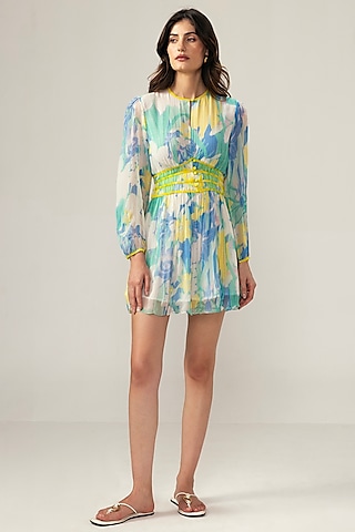 Light Blue Viscose Crinkled Chiffon Botanical Printed Mini Dress by Reena Sharma