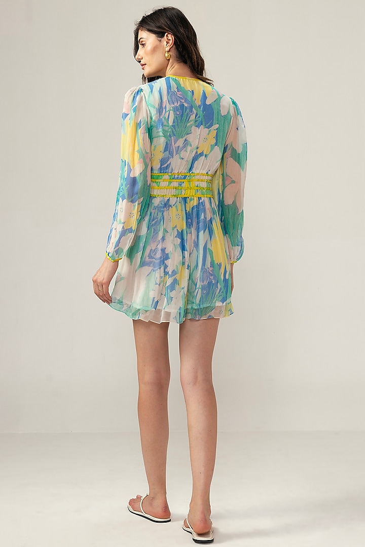 Light Blue Viscose Crinkled Chiffon Botanical Printed Mini Summer Dress by Reena Sharma at Pernia's Pop Up Shop