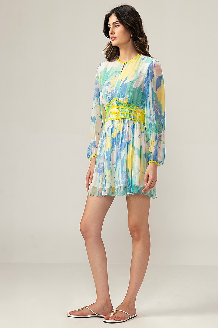 Light Blue Viscose Crinkled Chiffon Botanical Printed Mini Summer Dress by Reena Sharma at Pernia's Pop Up Shop