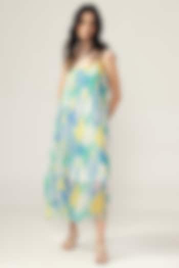 Light Blue Viscose Crinkled Chiffon Botanical Printed Midi Cami Summer Dress by Reena Sharma at Pernia's Pop Up Shop