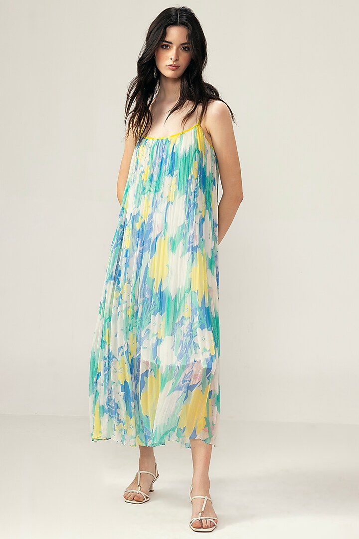 Light Blue Viscose Crinkled Chiffon Botanical Printed Midi Cami Summer Dress by Reena Sharma at Pernia's Pop Up Shop