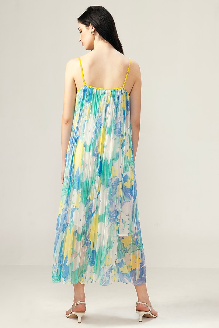 Light Blue Viscose Crinkled Chiffon Botanical Printed Midi Cami Summer Dress by Reena Sharma at Pernia's Pop Up Shop