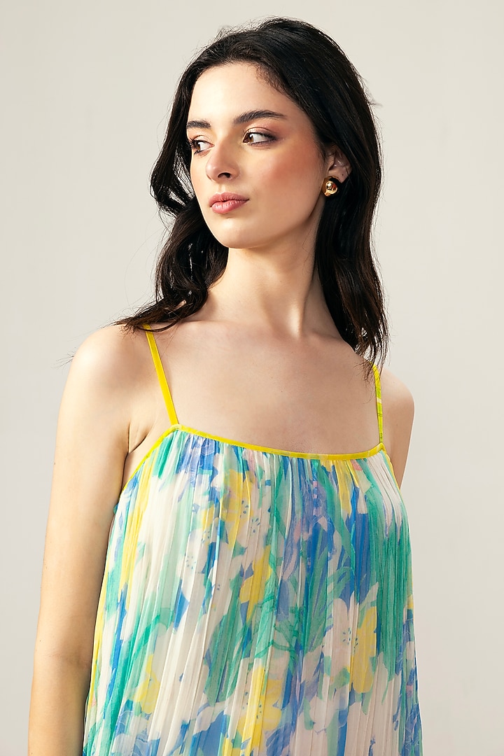 Light Blue Viscose Crinkled Chiffon Botanical Printed Midi Cami Summer Dress by Reena Sharma at Pernia's Pop Up Shop