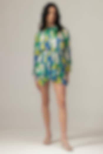 Blue Viscose Crinkled Chiffon Botanical Printed Mini Summer Dress by Reena Sharma at Pernia's Pop Up Shop