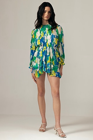 Blue Viscose Crinkled Chiffon Botanical Printed Mini Dress by Reena Sharma