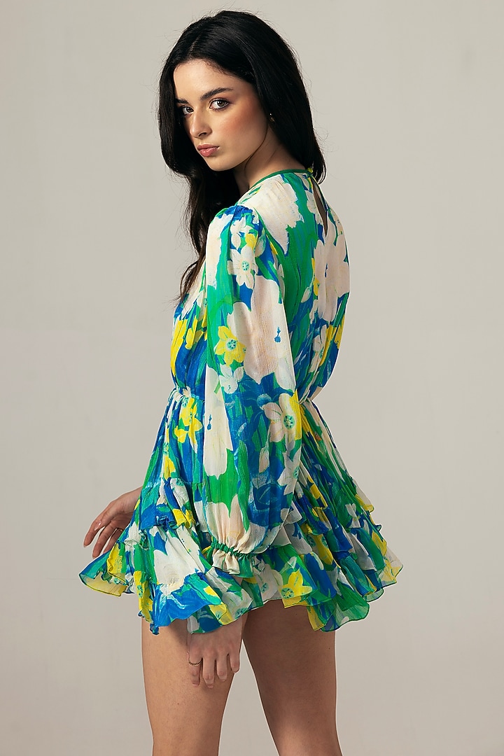 Blue Viscose Crinkled Chiffon Botanical Printed Mini Summer Dress by Reena Sharma at Pernia's Pop Up Shop