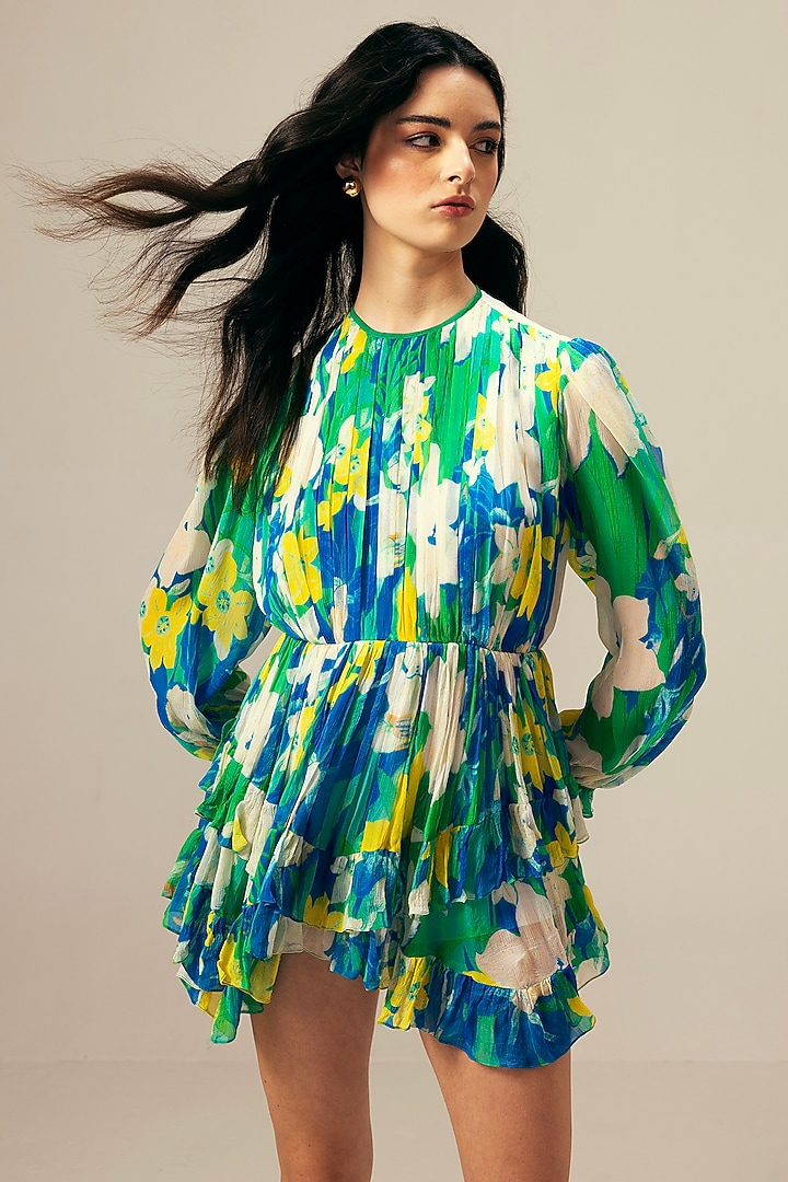 Blue Viscose Crinkled Chiffon Botanical Printed Mini Summer Dress by Reena Sharma at Pernia's Pop Up Shop