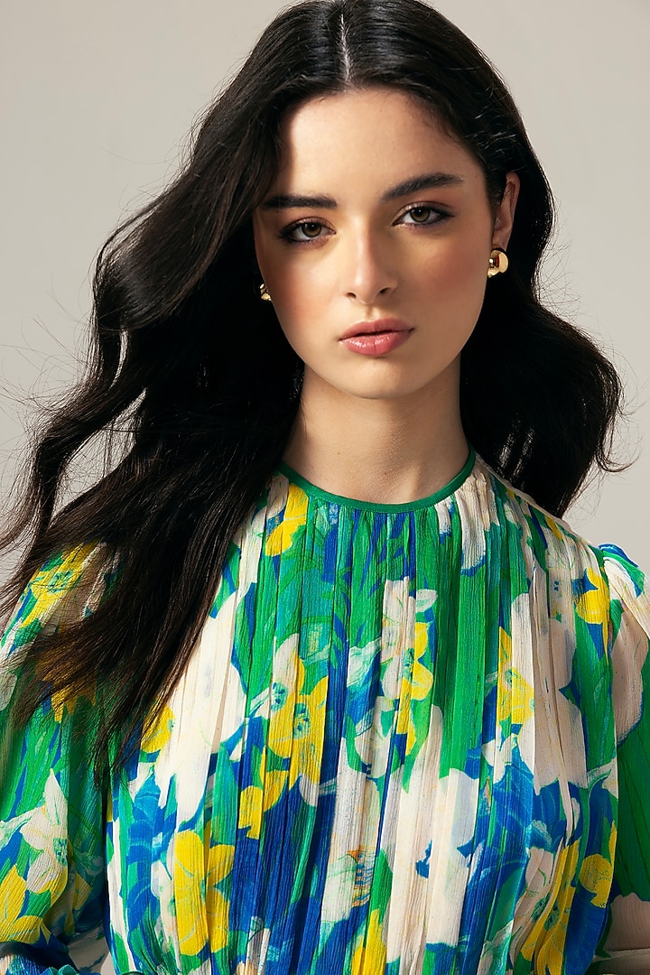 Blue Viscose Crinkled Chiffon Botanical Printed Mini Summer Dress by Reena Sharma at Pernia's Pop Up Shop