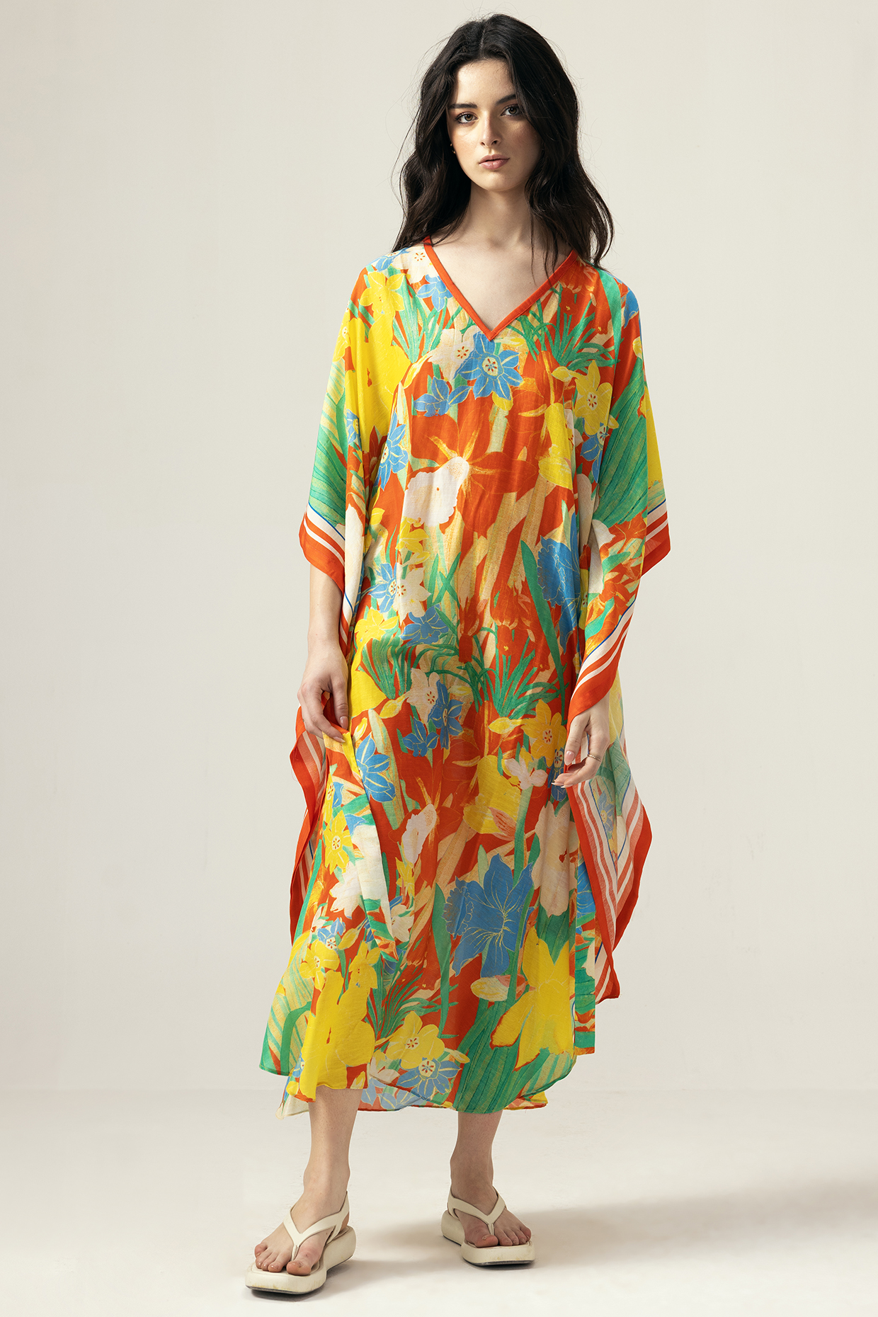 Red Viscose Crinkled Chiffon Botanical Printed Tie-Knot Kaftan by Reena Sharma at Pernia's Pop Up Shop
