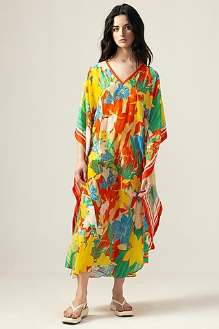 Red Viscose Crinkled Chiffon Botanical Printed Tie-Knot Kaftan by Reena Sharma