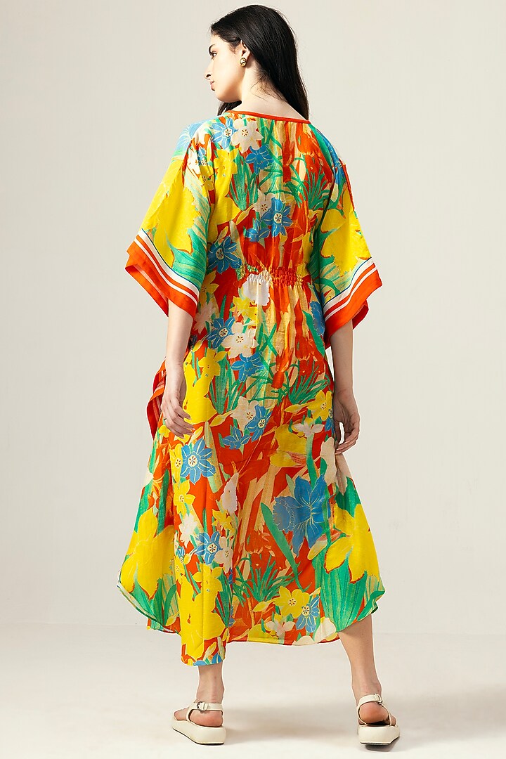Red Viscose Crinkled Chiffon Botanical Printed Tie-Knot Kaftan by Reena Sharma at Pernia's Pop Up Shop