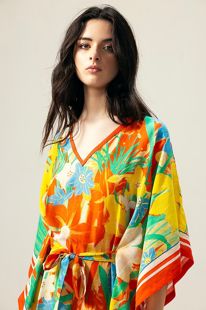 Red Viscose Crinkled Chiffon Botanical Printed Tie-Knot Kaftan by Reena Sharma at Pernia's Pop Up Shop